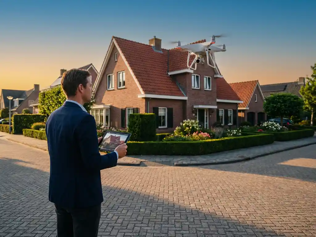 Witte drone boven Nederlandse woning met rode dakpannen, makelaar met tablet bekijkt live beelden tijdens gouden uur