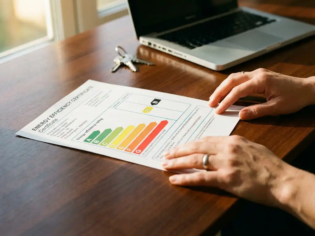 Vastgoedmakelaar bestudeert energielabel met kleurrijke efficiëntiebalkjes op houten bureau naast laptop en huissleutels