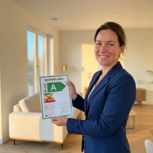 Makelaar in marineblauw jasje toont energielabel certificaat in moderne Nederlandse woonkamer met natuurlijk licht