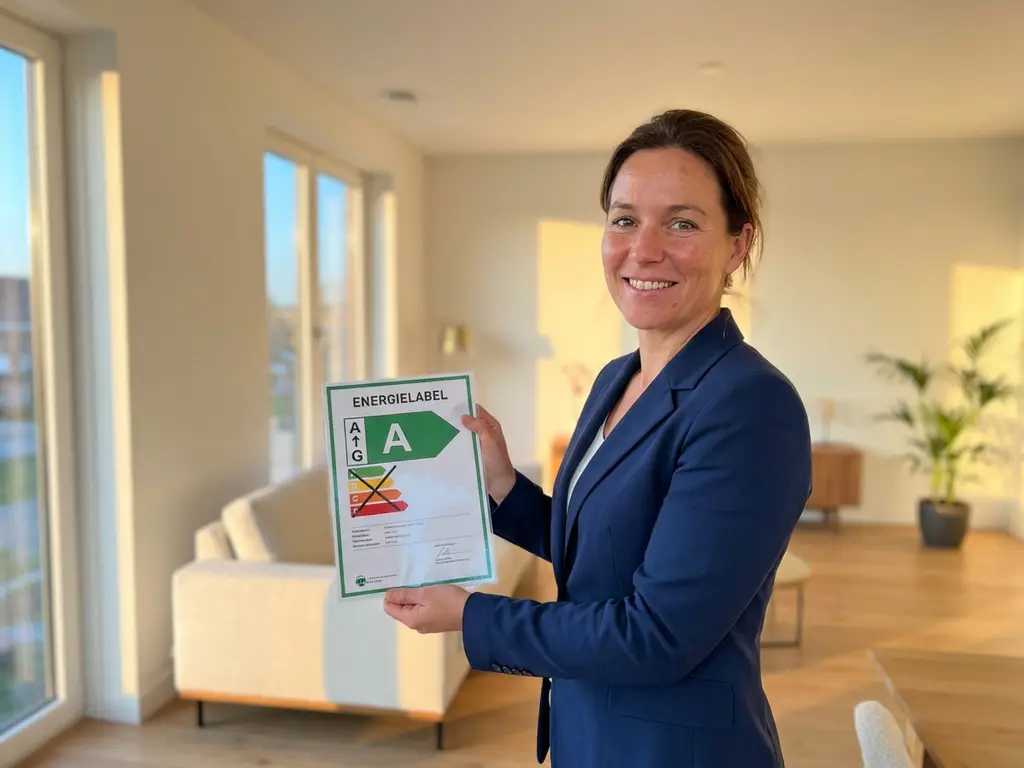 Makelaar in marineblauw jasje toont energielabel certificaat in moderne Nederlandse woonkamer met natuurlijk licht