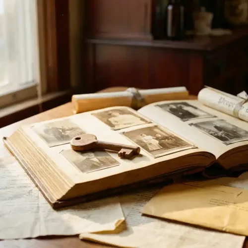 Verweerde houten huissleutel op open vintage fotoalbum met familiefoto's, omringd door juridische documenten en eigendomsakte