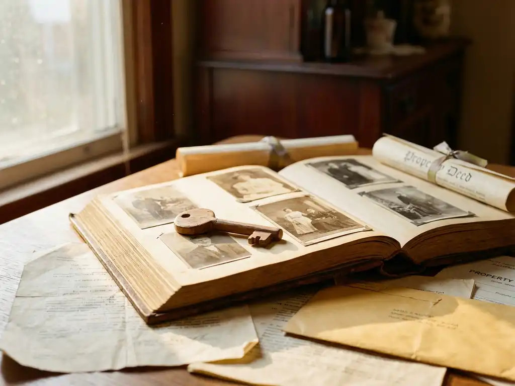 Verweerde houten huissleutel op open vintage fotoalbum met familiefoto's, omringd door juridische documenten en eigendomsakte