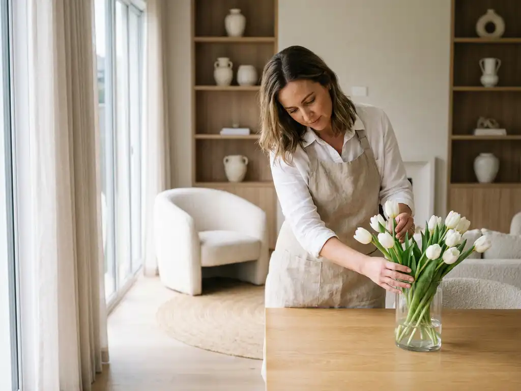 Professionele woningstylist schikt witte tulpen in glazen vaas op minimalistische eettafel in lichte, neutrale woonruimte