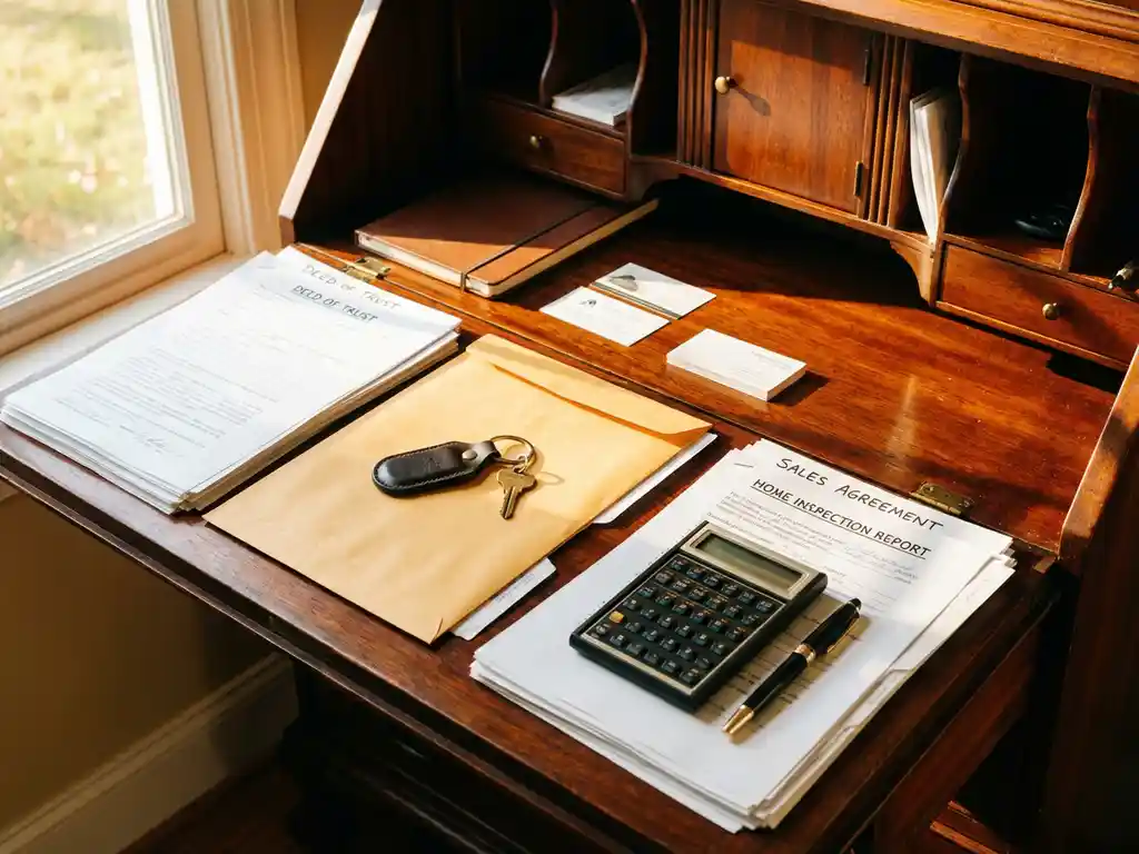 Mahonie bureau met huisverkoopdocumenten, huissleutel, rekenmachine en pen in warm middaglicht