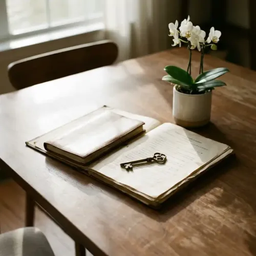 Huissleutel op opengevouwen juridische documenten op houten eettafel met orchidee en zacht zonlicht