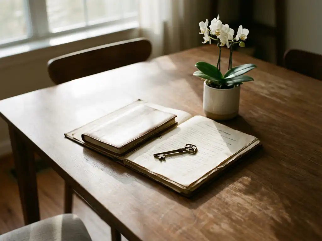 Huissleutel op opengevouwen juridische documenten op houten eettafel met orchidee en zacht zonlicht