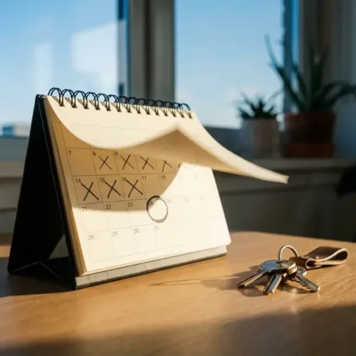 Moderne bureaukalender met omwaaiende pagina's en omcirkelde datum, huissleutels erop, warm zonlicht op houten oppervlak