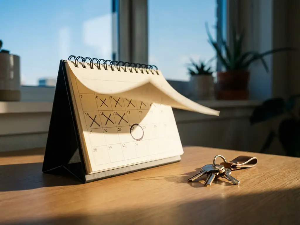 Moderne bureaukalender met omwaaiende pagina's en omcirkelde datum, huissleutels erop, warm zonlicht op houten oppervlak