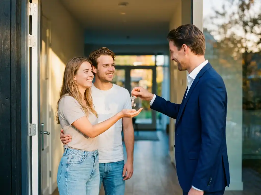 Makelaar in donkerblauw pak overhandigt huissleutels aan glimlachend jong stel in deuropening van modern Nederlands huis