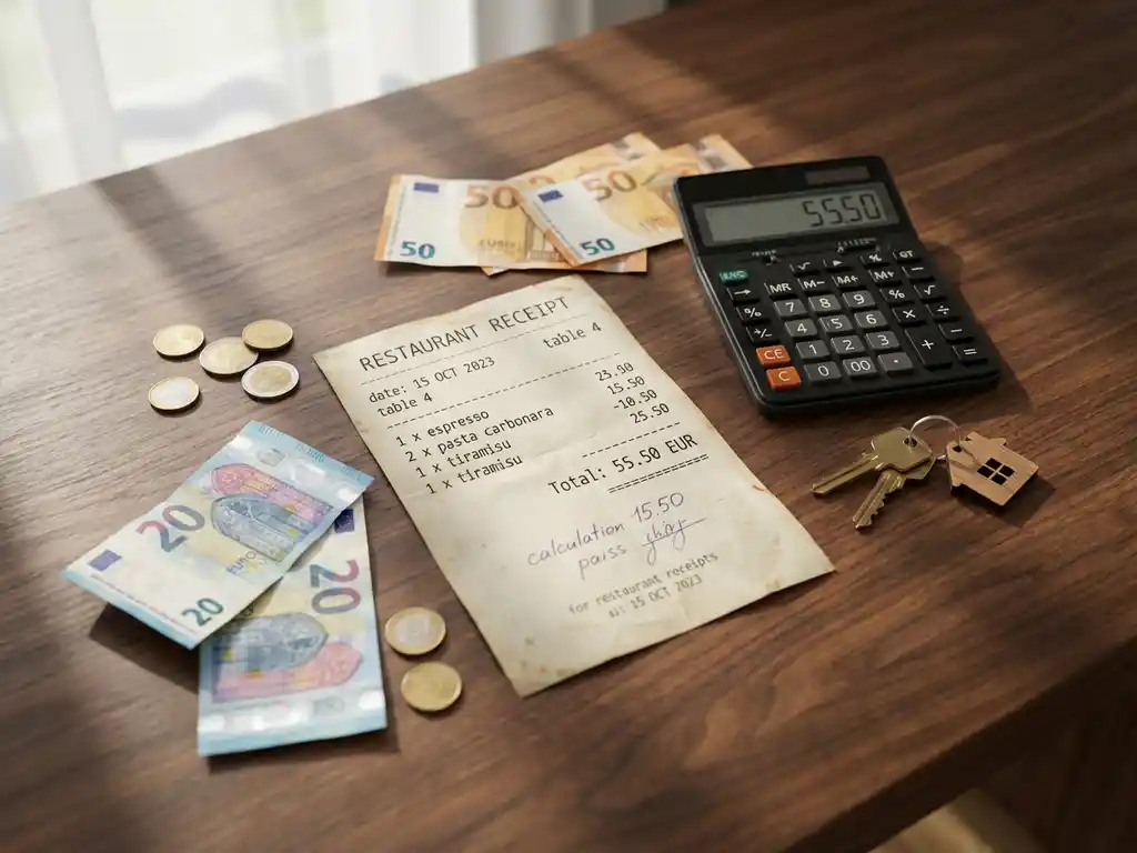 Factuur op houten bureau met eurobiljetten, munten, rekenmachine en huissleutels in natuurlijk licht