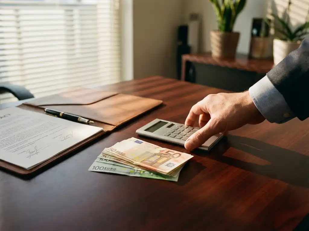 Makelaar plaatst zilveren rekenmachine naast stapel eurobiljetten en getekend vastgoedcontract op mahonie bureau