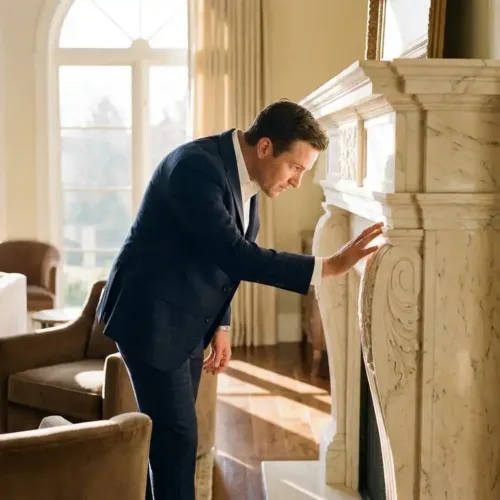 Luxe makelaar in marineblauw pak bekijkt marmeren schouw in elegante woonkamer met warme middagzon door hoge ramen