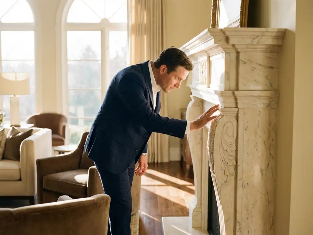 Luxe makelaar in marineblauw pak bekijkt marmeren schouw in elegante woonkamer met warme middagzon door hoge ramen