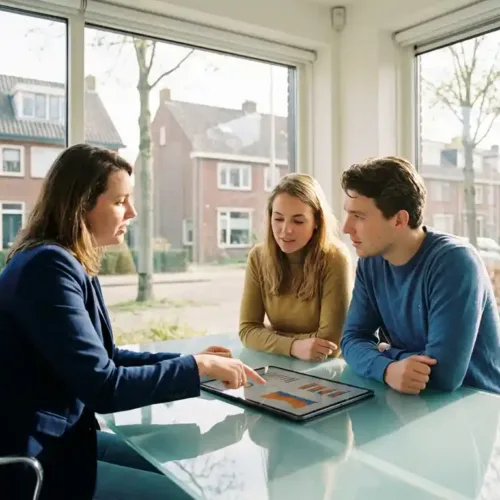 Vastgoedmakelaar adviseert jong stel aan glazen bureau met tablet vol woningmarktanalyses, moderne kantoor met uitzicht op Nederlandse woonwijk
