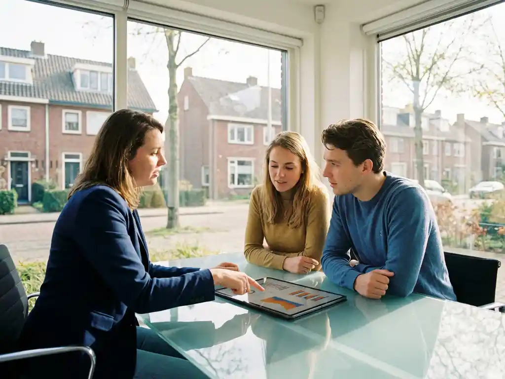 Vastgoedmakelaar adviseert jong stel aan glazen bureau met tablet vol woningmarktanalyses, moderne kantoor met uitzicht op Nederlandse woonwijk