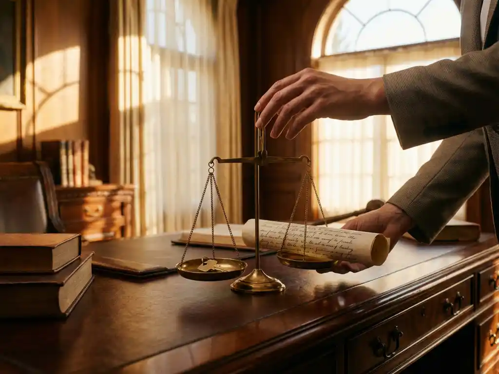 Makelaar plaatst messing weegschaal op houten bureau met huissleutel en contract in warme kantooromgeving