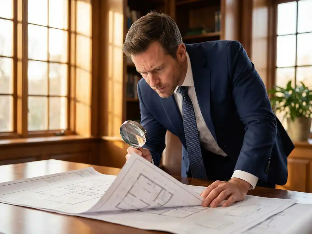 Professionele makelaar in marineblauw pak bestudeert bouwplannen met vergrootglas aan houten bureau bij raam
