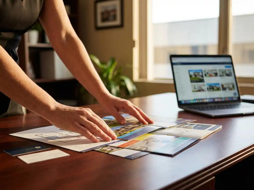 Makelaar rangschikt kleurrijke woningbrochures en plattegronden op houten bureau met laptop vol huizenaanbiedingen