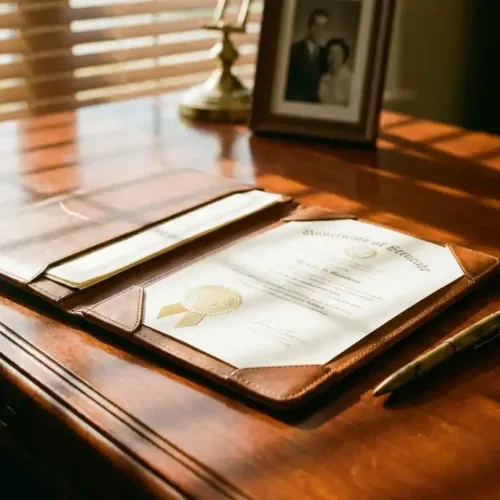 Open leren portfolio op mahonie bureau toont vastgoedcertificaten met gouden zegels, messing pen, zonlicht door jaloezieën