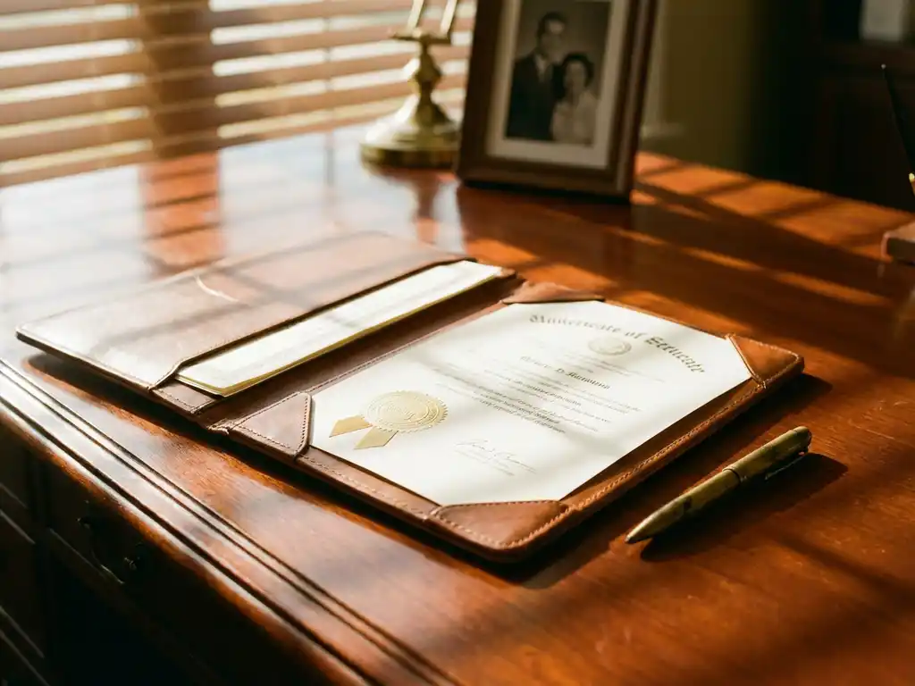 Open leren portfolio op mahonie bureau toont vastgoedcertificaten met gouden zegels, messing pen, zonlicht door jaloezieën