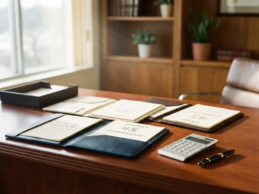 Houten bureau met drie contractmappen, commissiepercentage documenten, rekenmachine en vulpen in professioneel makelaarskantoor