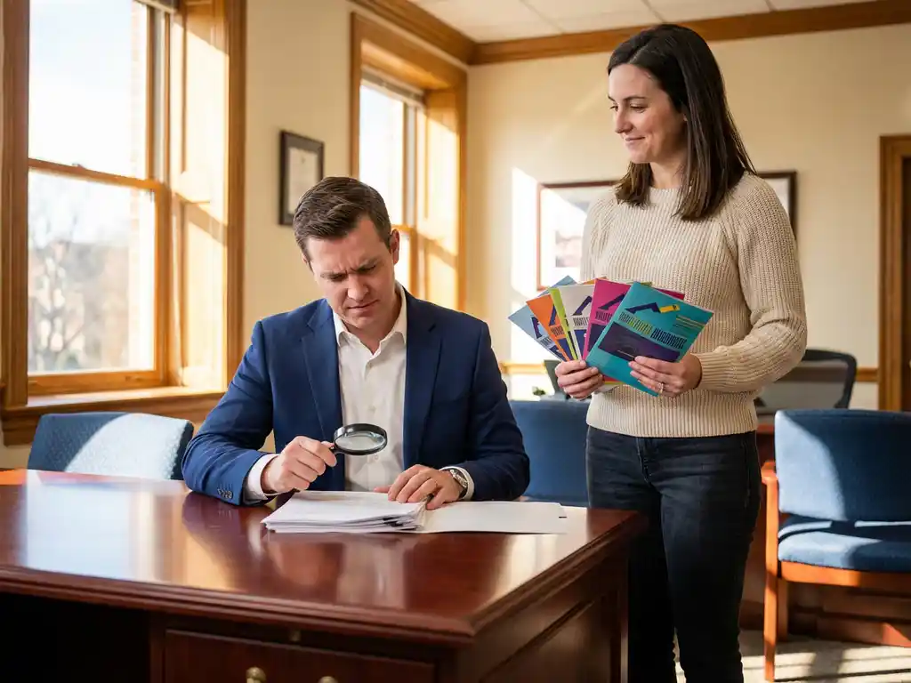Makelaar in marineblauw pak bestudeert vastgoedcontract aan houten bureau terwijl collega marketingbrochures vasthoudt in kantoor