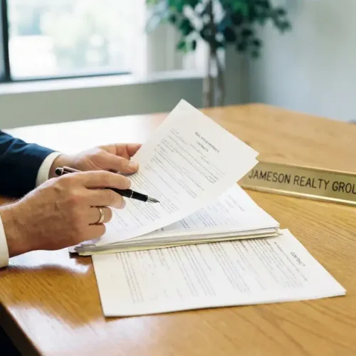 Makelaar bekijkt juridische documenten en contracten op houten bureau met vulpen, natuurlijk licht door ramen