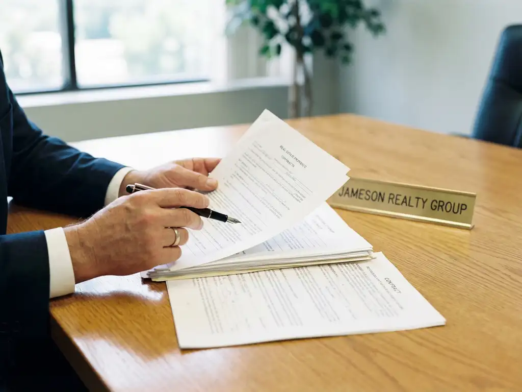 Makelaar bekijkt juridische documenten en contracten op houten bureau met vulpen, natuurlijk licht door ramen