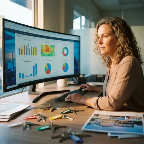 Makelaar analyseert kleurrijke datavisualisaties op computermonitor met huissleutels en brochures op houten bureau