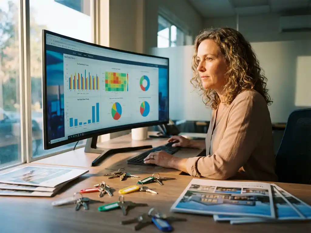 Makelaar analyseert kleurrijke datavisualisaties op computermonitor met huissleutels en brochures op houten bureau