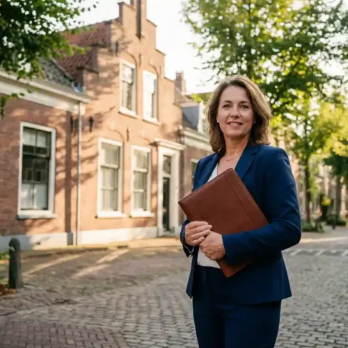 Professionele makelaar in marineblauw pak met leren portfolio voor karakteristiek Haags herenhuis met witte kozijnen en rode bakstenen gevel