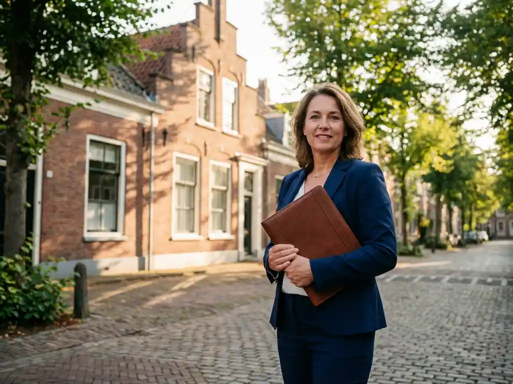 Professionele makelaar in marineblauw pak met leren portfolio voor karakteristiek Haags herenhuis met witte kozijnen en rode bakstenen gevel
