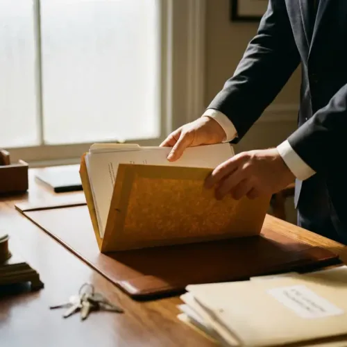 Professionele makelaar in donker pak plaatst documenten in envelop op houten bureau met sleutels en vastgoedlijsten