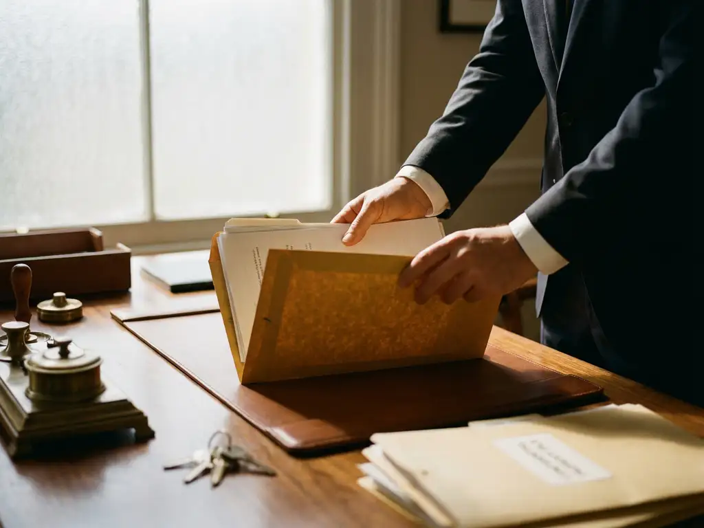 Professionele makelaar in donker pak plaatst documenten in envelop op houten bureau met sleutels en vastgoedlijsten