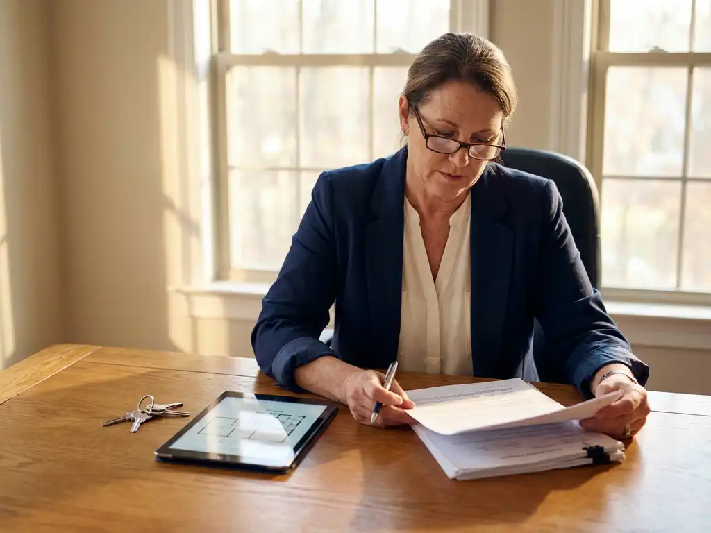 Professionele makelaar in marineblauw jasje bestudeert vastgoeddocumenten aan houten bureau met huissleutels en tablet