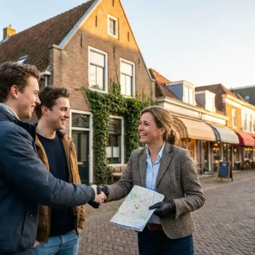 Makelaar schudt handen met jong koppel voor Nederlandse herenhuis, wijzend naar lokale winkels met buurtkaart in hand