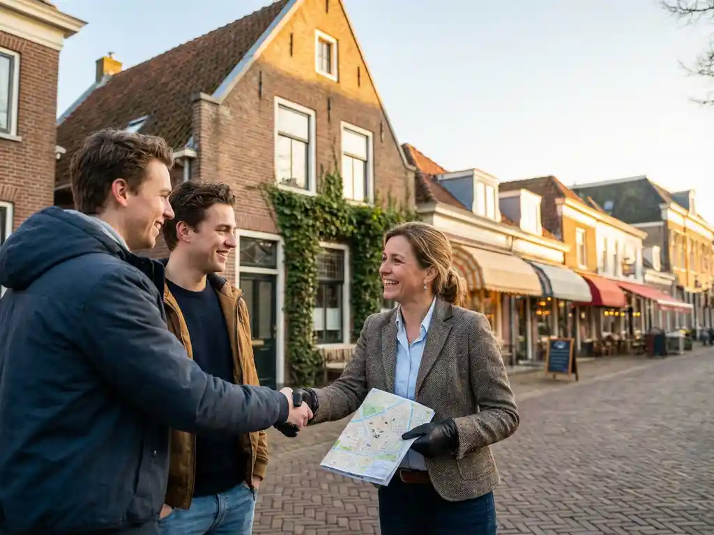 Makelaar schudt handen met jong koppel voor Nederlandse herenhuis, wijzend naar lokale winkels met buurtkaart in hand