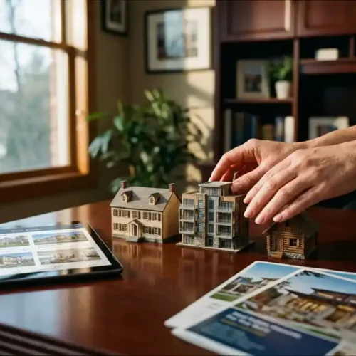 Makelaar rangschikt miniatuur huismodellen op houten bureau met brochures en tablet met woningaanbod in professioneel kantoor