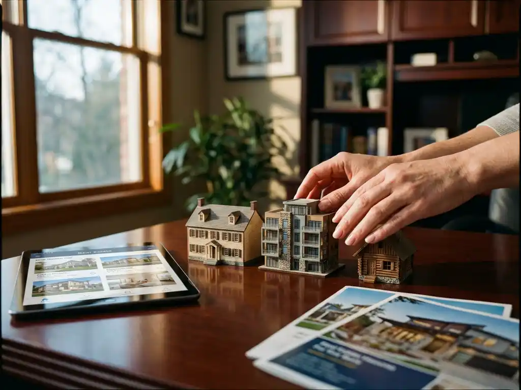 Makelaar rangschikt miniatuur huismodellen op houten bureau met brochures en tablet met woningaanbod in professioneel kantoor