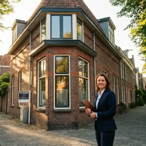 Professionele makelaar in marineblauw pak staat zelfverzekerd naast hoekwoning met grote ramen en bakstenen gevel in Nederlandse woonwijk