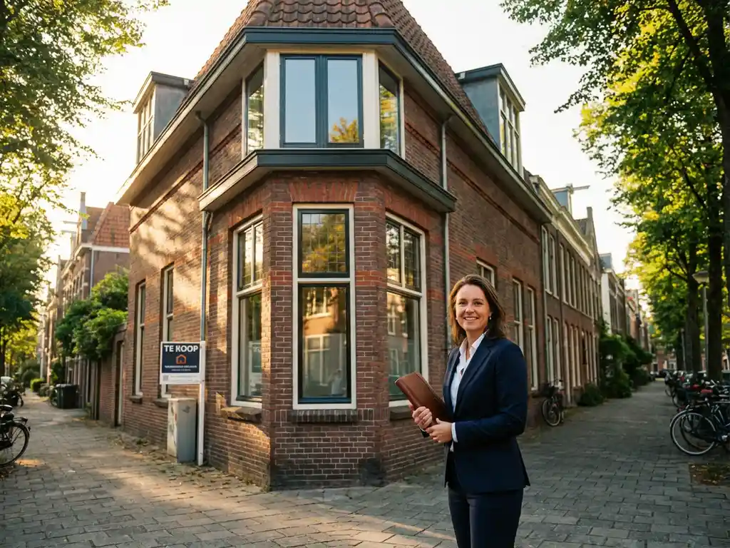Professionele makelaar in marineblauw pak staat zelfverzekerd naast hoekwoning met grote ramen en bakstenen gevel in Nederlandse woonwijk