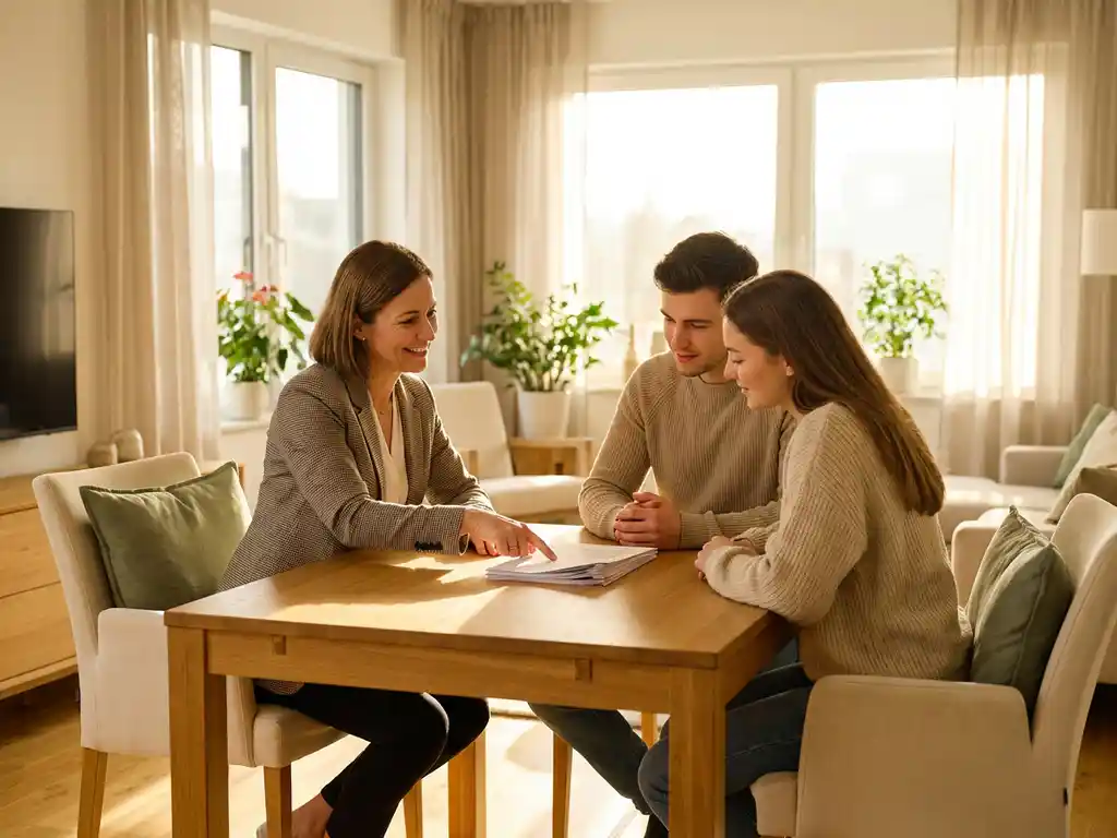Professionele makelaar bespreekt huisdocumenten met jong stel aan houten eettafel in lichte moderne woonkamer