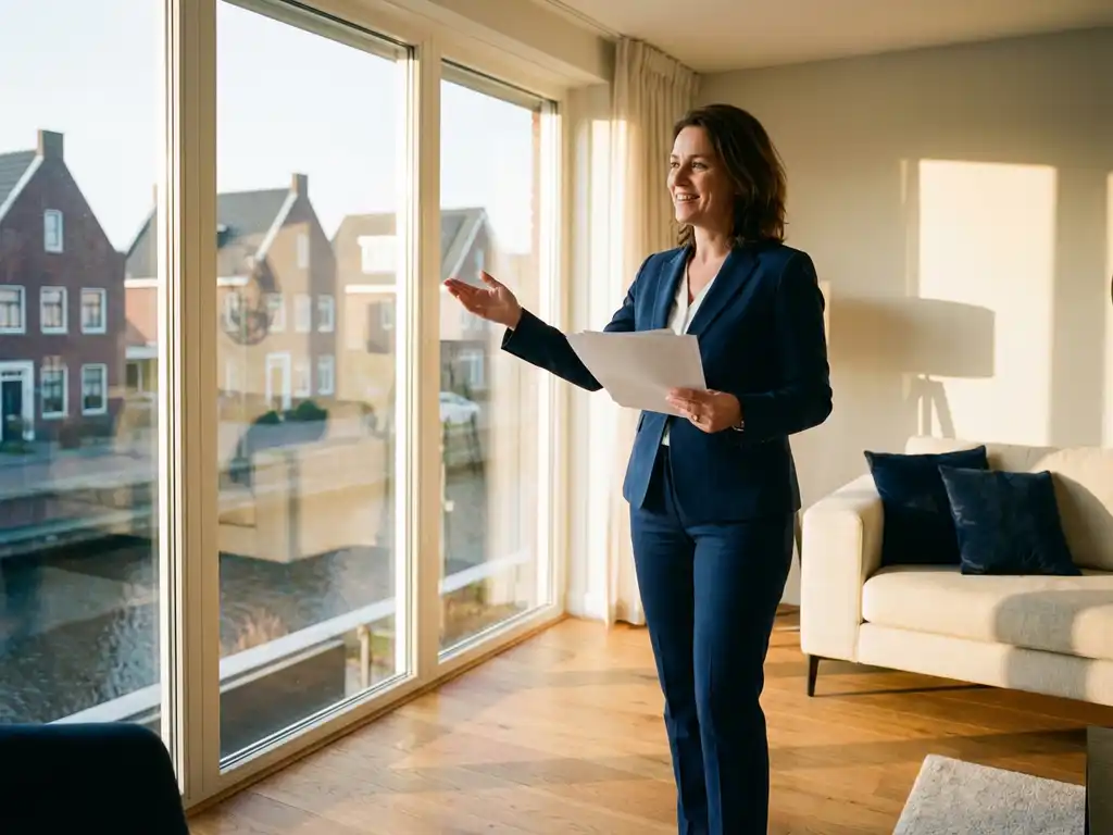 Professionele makelaar in marineblauw pak toont documenten in moderne woonkamer met grote ramen en Nederlandse buurt op achtergrond
