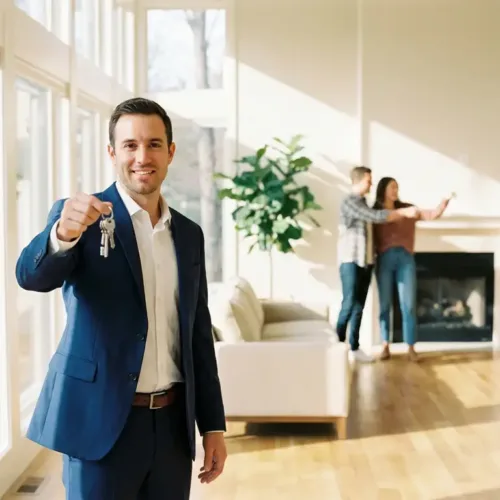 Makelaar in marineblauw pak toont huissleutels in lichte woonkamer met jong stel op achtergrond