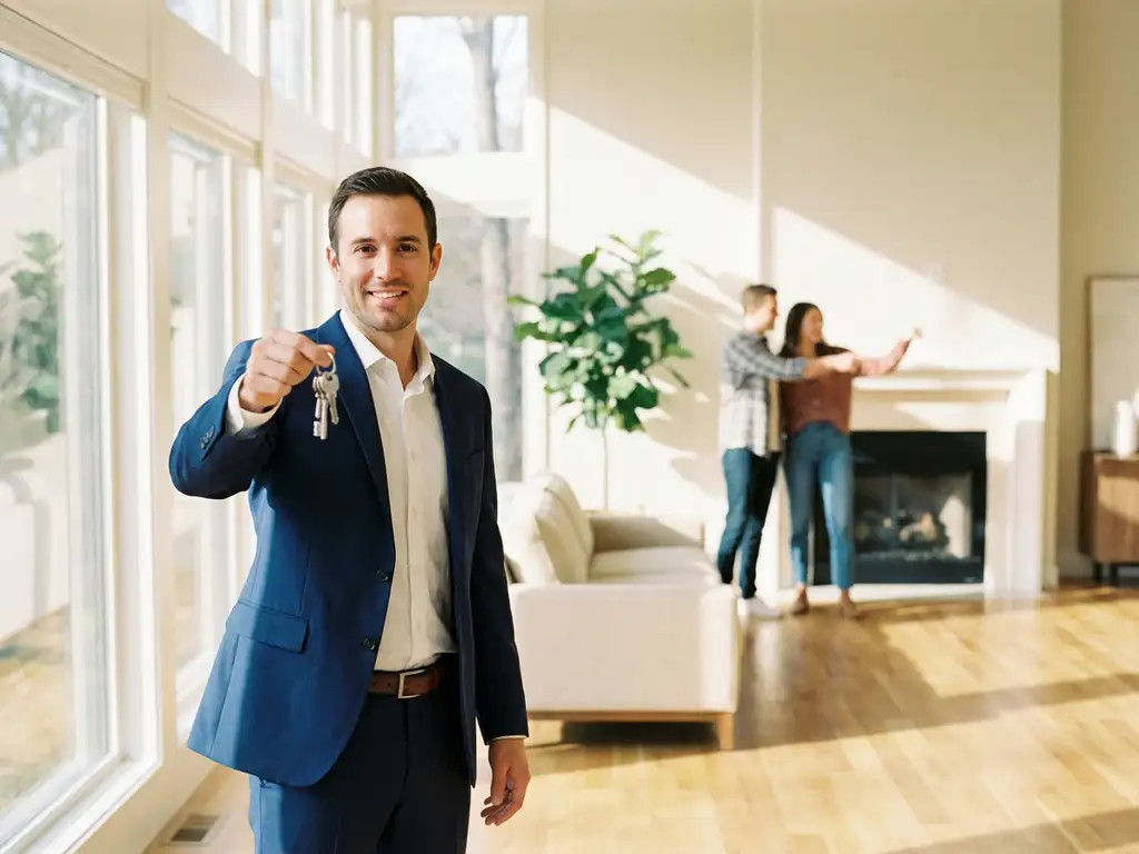 Makelaar in marineblauw pak toont huissleutels in lichte woonkamer met jong stel op achtergrond