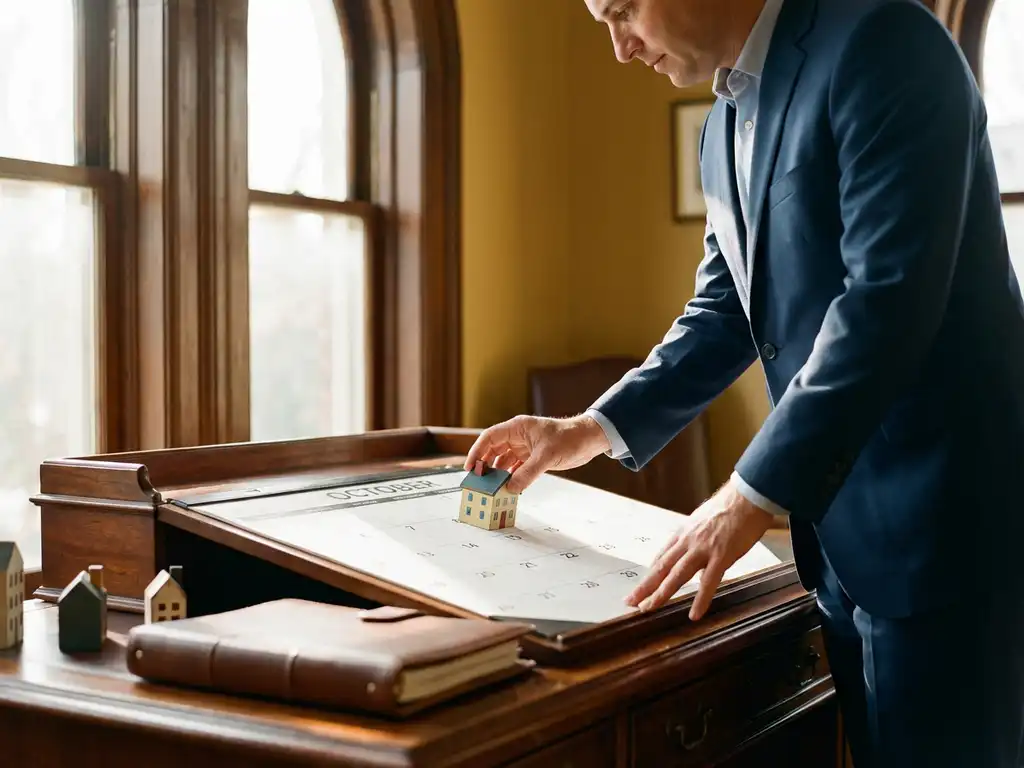 Makelaar in marineblauw pak plaatst miniatuurhuisjes op houten kalenderbureau, zonlicht creëert zachte schaduwen op mahoniehout