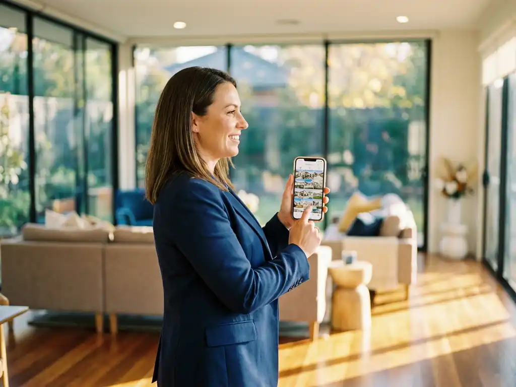 Professionele makelaar in marineblauw jasje bekijkt woningfoto's op smartphone in lichte woonkamer met hardhouten vloer