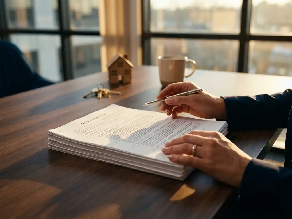 Makelaar bestudeert juridische documenten met pen in de hand, huissleutels en modelwoning op houten bureau