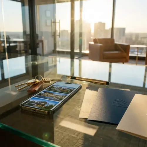 Moderne glazen bureau van makelaar met smartphone met woningfoto's, huissleutels en brochures in gouden zonlicht
