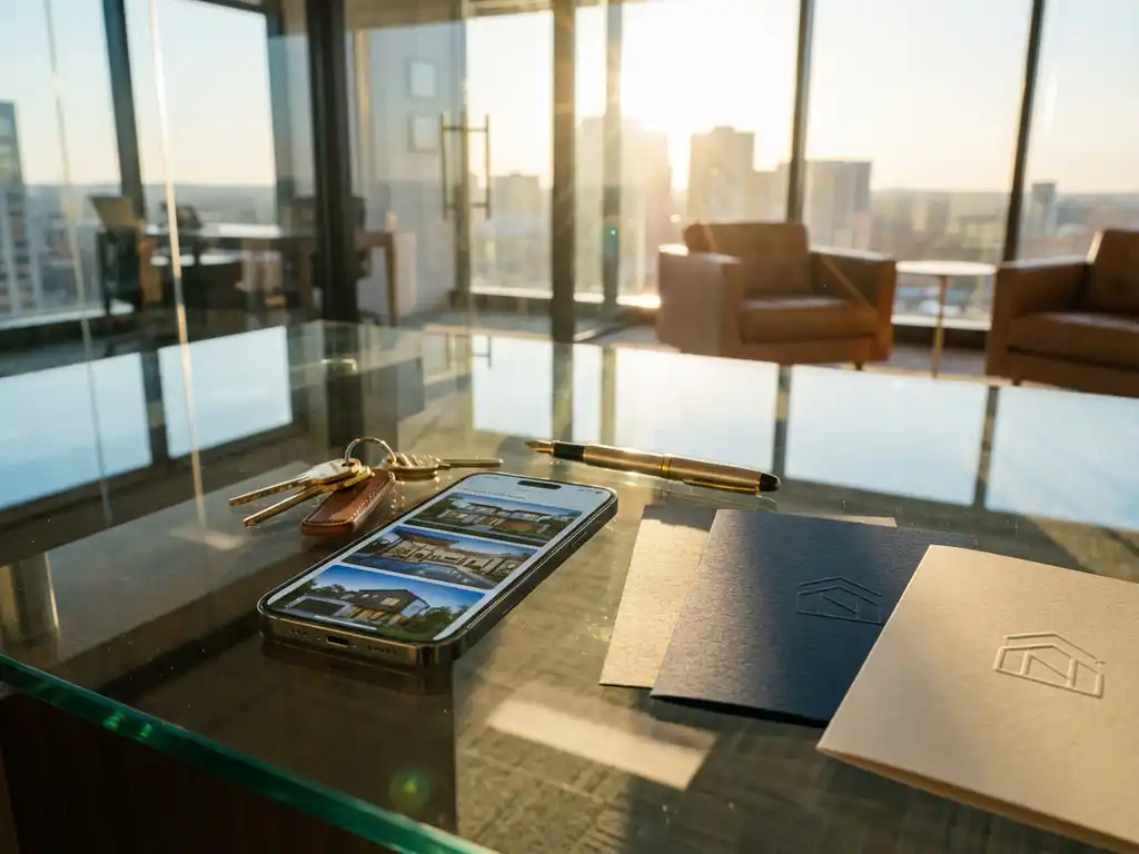 Moderne glazen bureau van makelaar met smartphone met woningfoto's, huissleutels en brochures in gouden zonlicht